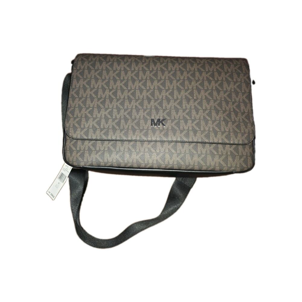 Michael Kors Men's Flap Messenger Bag Black/Brown Logo Pattern Shoulder Strap
